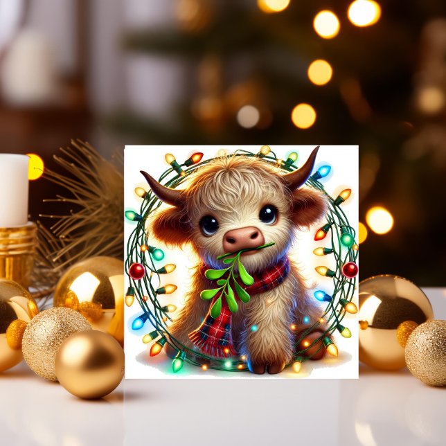 Hochlandkuh mit Mistletoe und Ferienlicht Feiertagskarte (Von Creator hochgeladen)