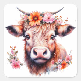 Hochlandkuh mit rosa Blume Quadratischer Aufkleber