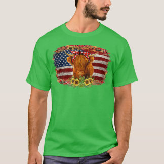 Hochlandkuh mit Sonnenblume US-Flagge Patriotische T-Shirt