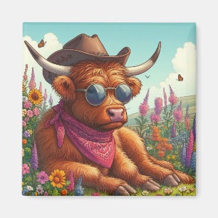 Hochlandkuh mit Sonnenbrille und Cowboyhut Magnet