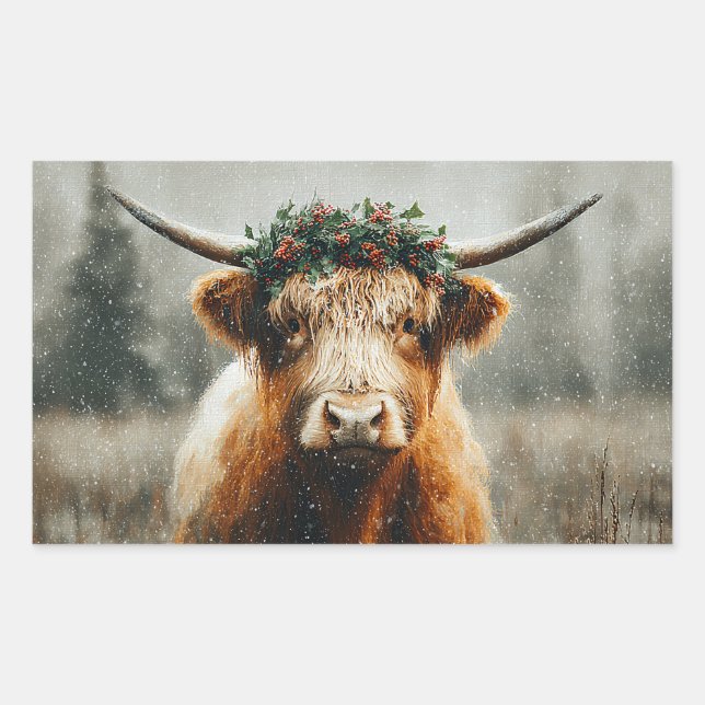 Hochlandkuh mit Weihnachtskranzkrone Rechteckiger Aufkleber (Vorderseite)