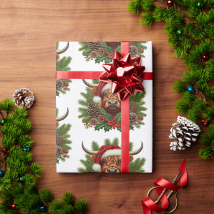 Hochlandkuh mit Weihnachtsmannmütze Geschenkpapier