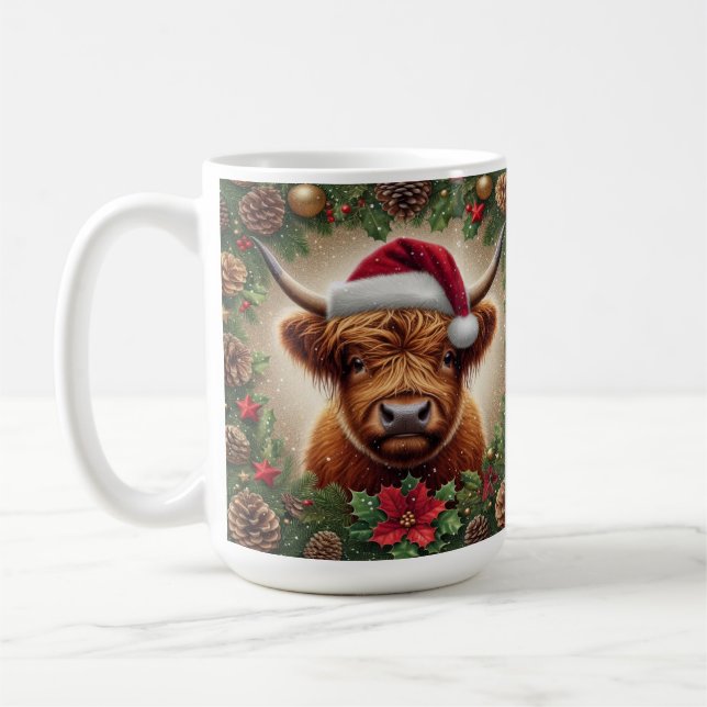 Hochlandkuh mit Weihnachtsmannmütze Kaffeetasse (Links)