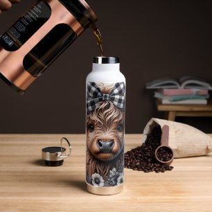 Hochlandkuh Schwarz Weiß Kariert Floral Rustikal Trinkflasche