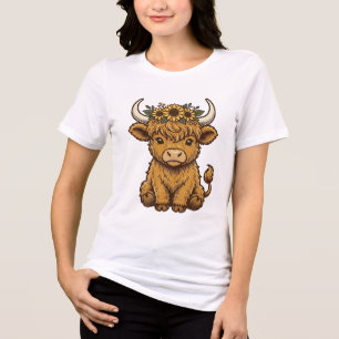Hochlandkuh-Shirt Süße Sonnenblume Kalb Kunst Tri-Blend Shirt