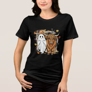 Hochlandkuh und Ghost Halloween T - Shirt - Rustik