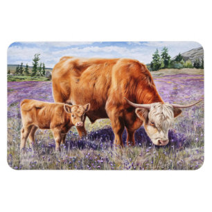 Hochlandkuh und Kalb Lila Wildblumen Flexibel Magnet