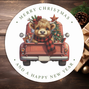 Hochlandkuh Vintage-Rotlastwagen Frohe Weihnachten Runder Aufkleber