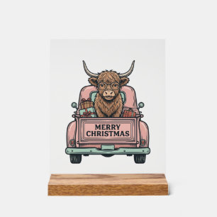 Hochlandkuh-Weihnachts-LKW-Vintage-Stickerei-Shirt Acrylschild