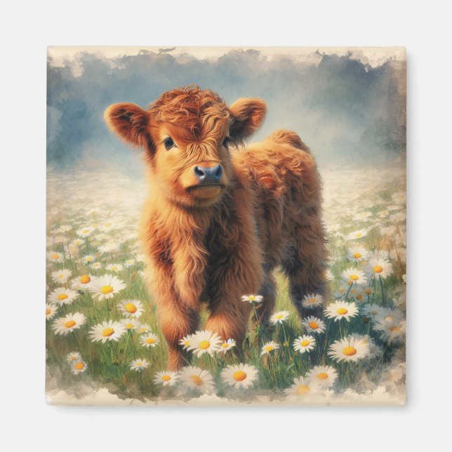 Hochlandkuhkalb Vintage Aquarellmalerei Magnet (Vorne)