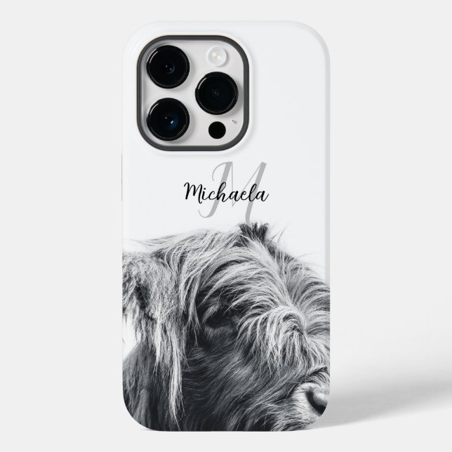 Hochlandkuhportrait Initialmonogramm Schwarz-weiß Case-Mate iPhone Hülle (Rückseite)
