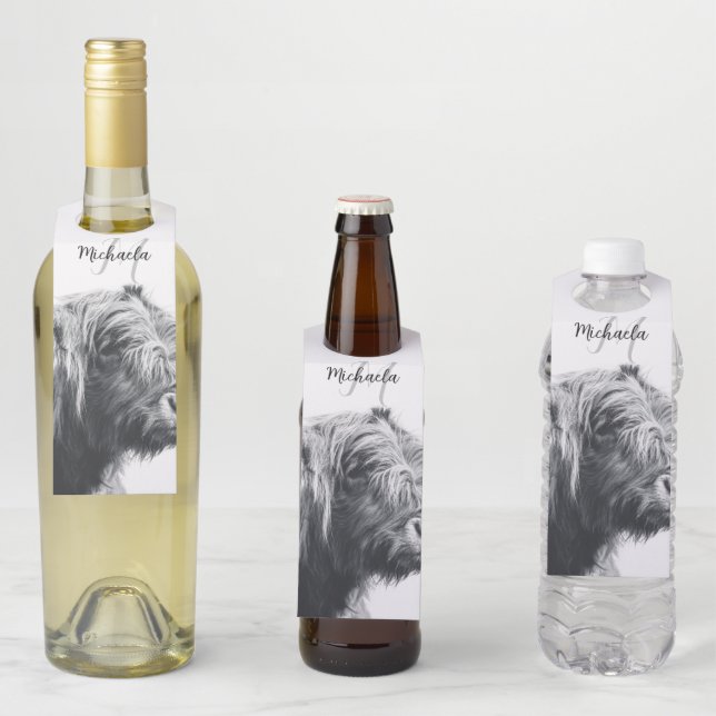 Hochlandkuhportrait Initialmonogramm Schwarz-weiß Flaschenanhänger (Beispiel)