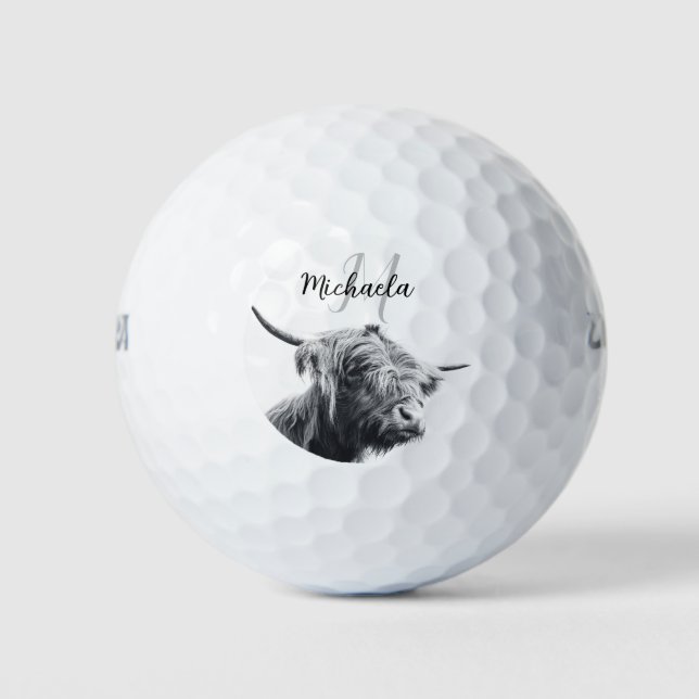 Hochlandkuhportrait Initialmonogramm Schwarz-weiß Golfball (Vorderseite)