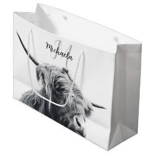 Hochlandkuhportrait Initialmonogramm Schwarz-weiß Große Geschenktüte