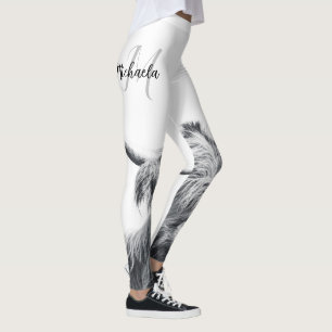 Hochlandkuhportrait Initialmonogramm Schwarz-weiß Leggings