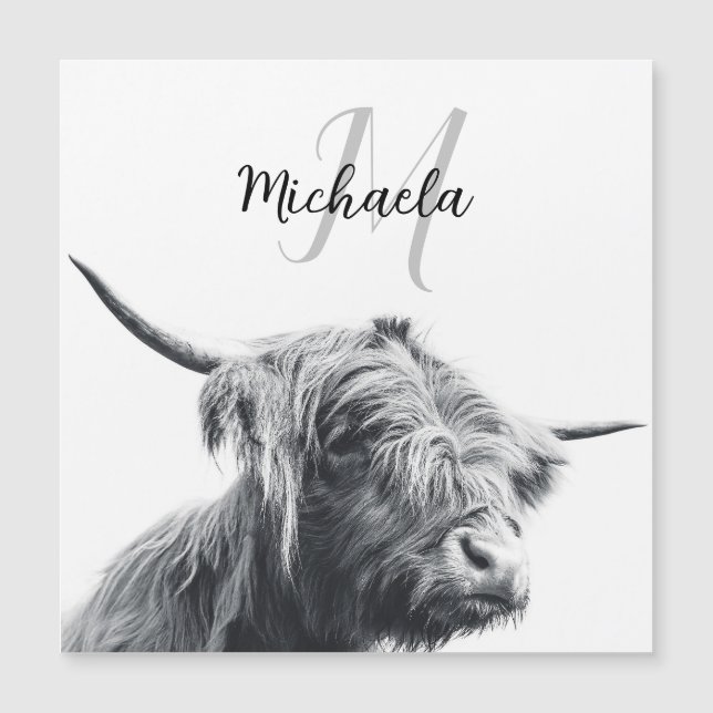 Hochlandkuhportrait Initialmonogramm Schwarz-weiß Magnetkarte (Vorderseite)