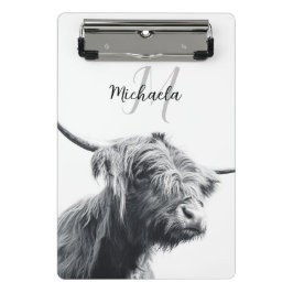 Hochlandkuhportrait Initialmonogramm Schwarz-weiß Mini Klemmbrett