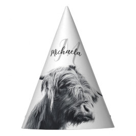 Hochlandkuhportrait Initialmonogramm Schwarz-weiß Partyhütchen