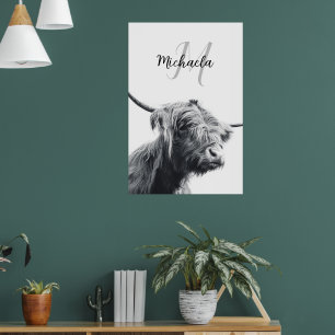Hochlandkuhportrait Initialmonogramm Schwarz-weiß Poster