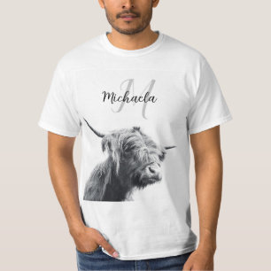 Hochlandkuhportrait Initialmonogramm Schwarz-weiß T-Shirt