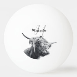 Hochlandkuhportrait Initialmonogramm Schwarz-weiß Tischtennisball