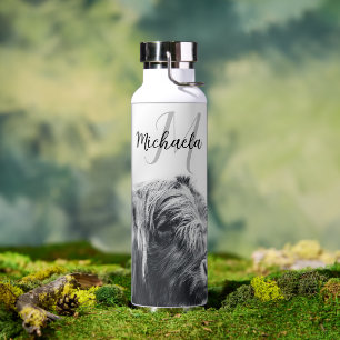 Hochlandkuhportrait Initialmonogramm Schwarz-weiß Trinkflasche