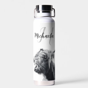 Hochlandkuhportrait Initialmonogramm Schwarz-weiß Trinkflasche