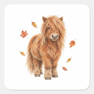 Hochlandpony in fallenden Blättern Quadratischer Aufkleber