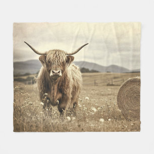 Hochlandrind in einem Heufeld im Vintage-Stil Fleecedecke