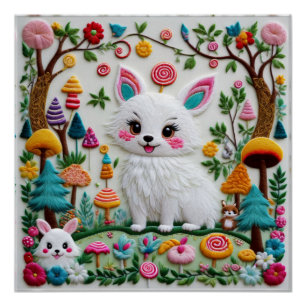 Hochstrukturiertes Embroidery Kawaii Tiermuster Poster