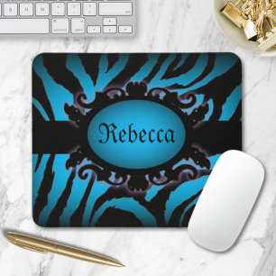 Hochwertiges Türkis Zebra Print Monogramm Mousepad