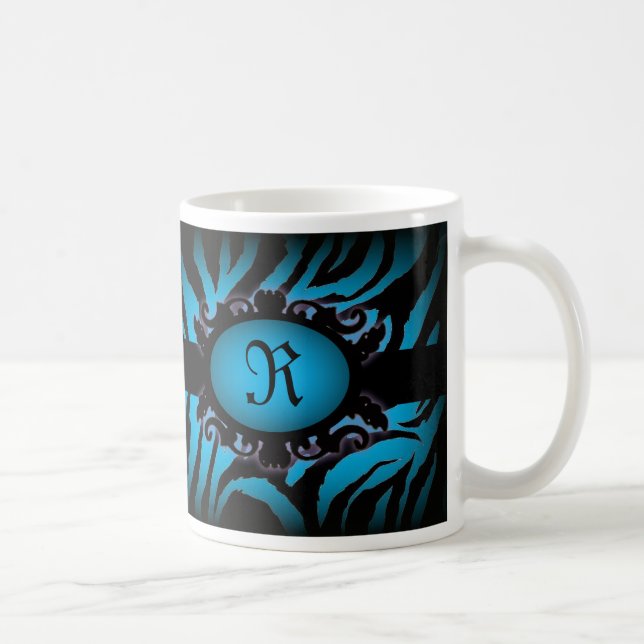 Hochwertiges Türkis Zebra Print Monogramm Tasse (Rechts)
