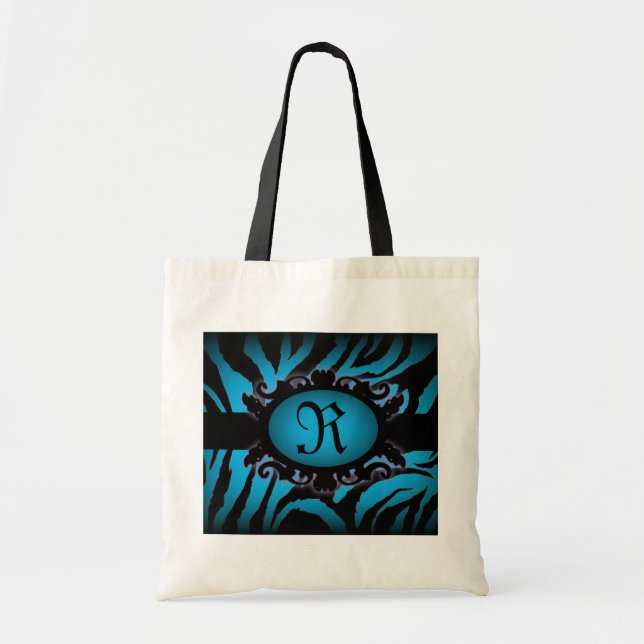 Hochwertiges Türkis Zebra Print Monogramm Tragetasche (Vorne)