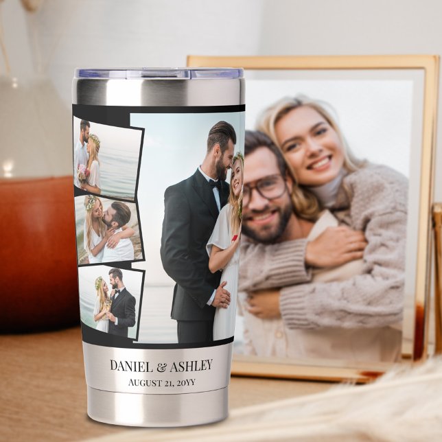 Hochzeit 7 FotoCollage mit Zigzag Montage Thermobecher (Wedding Picture Photo Collage. Photo tumbler gift for newlyweds, anniversary, wedding party etc)