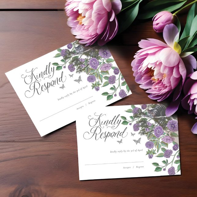 Hochzeit Alice im Wunderland Cheshire Cat & Floral RSVP Karte (Wedding Alice In Wonderland Cheshire Cat & Florals RSVP Card)