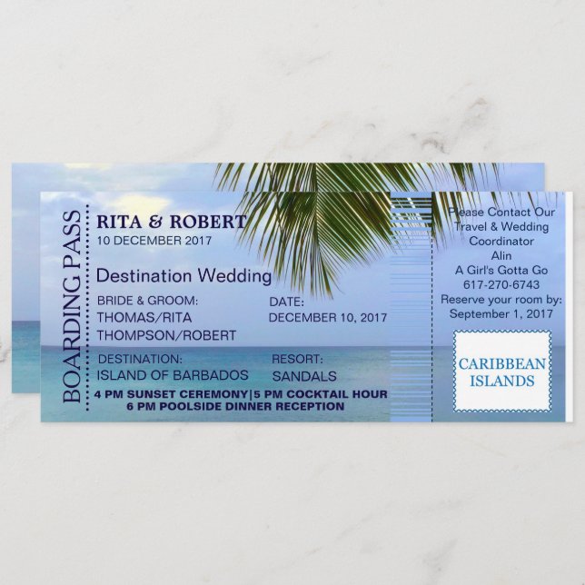 Hochzeit am Strand | Boarding Pass Ticket-Zielort Einladung (Vorne/Hinten)