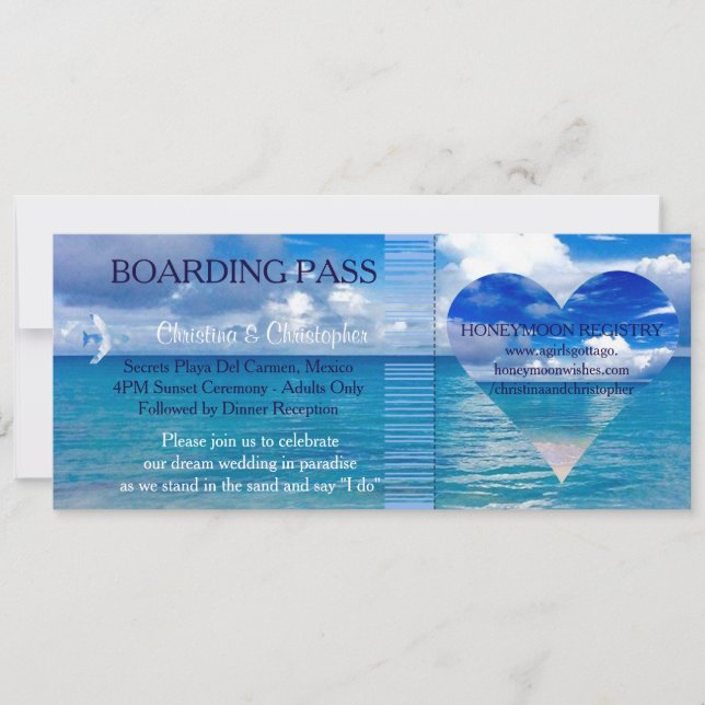 Hochzeit am Strand | Boarding Pass Ticket-Zielort Einladung (Vorderseite)