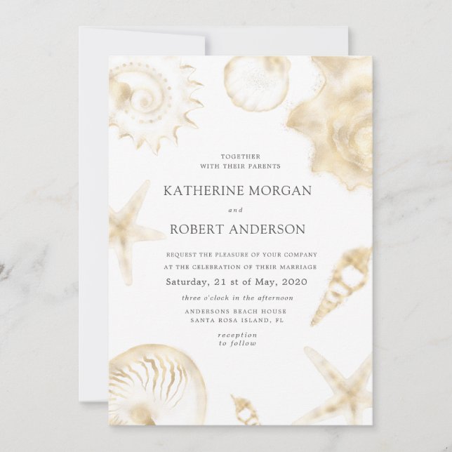 Hochzeit am Strand in goldblauer Hochzeit Einladun Einladung (Vorderseite)