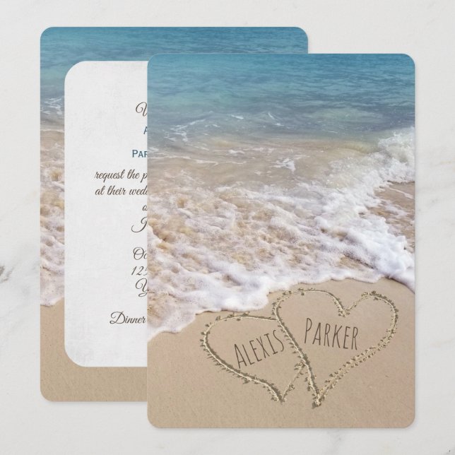 Hochzeit am Strand mit Herzen Einladung (Vorne/Hinten)