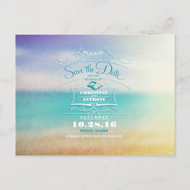 Hochzeit am Strand - moderne Save the Date Postkar Ankündigungspostkarte (Vorderseite)