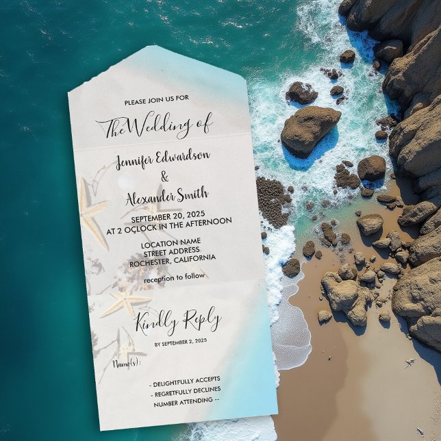 Hochzeit am tropischen Meer All In One Einladung (Tropical ocean beach wedding all in one invitation. A wedding invitation and RSVP card in one.)