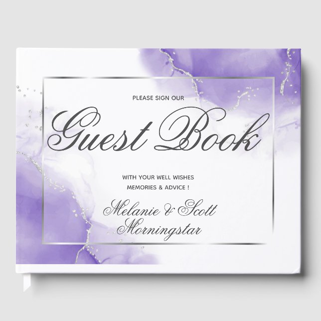 Hochzeit | Amethyst Lila Script Silver Gästebuch (Vorderseite)