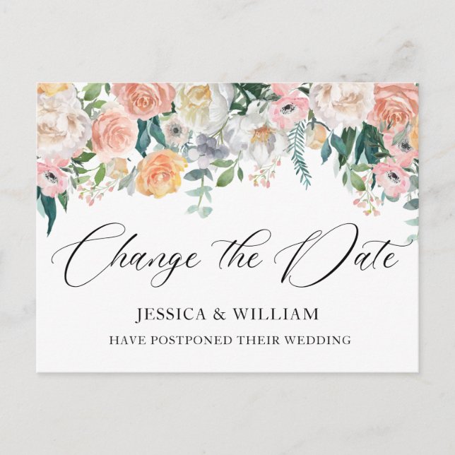 Hochzeit ändert das Datum Blue Blush-Rose Postkarte (Vorderseite)