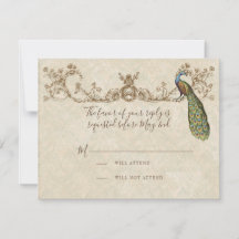 Hochzeit-Antwortkarte mit Vintage-Pfau und Etching