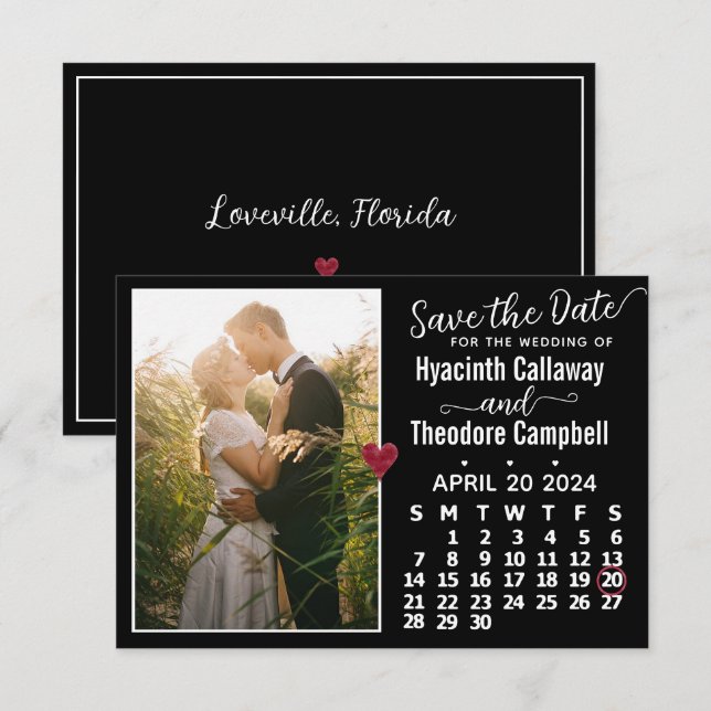 Hochzeit April 2024 Kalender Custom Foto Black Save The Date (Vorne/Hinten)