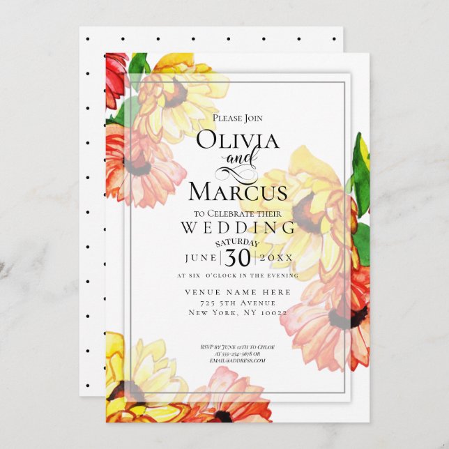 Hochzeit | Aquarell Gelb und Rot Gerbera Daisy Einladung (Vorne/Hinten)