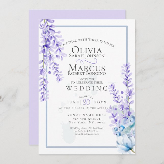 Hochzeit | Aquarelllavender - Dusty Blue Florals Einladung (Vorne/Hinten)