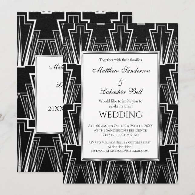 Hochzeit Art Deco Schwarz und Weiß Einladung (Vorne/Hinten)