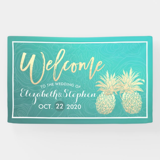 Hochzeit Begrüßung Goldene Ananas Paar Aquamarine  Banner (Horizontal)