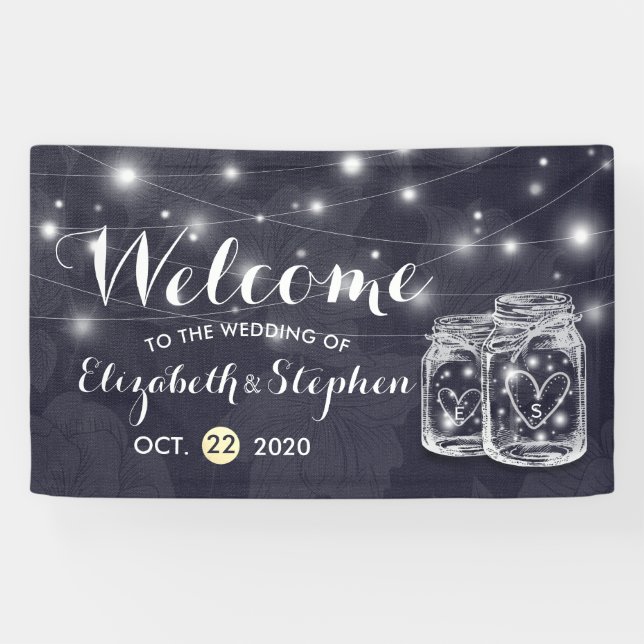 Hochzeit Begrüßung Mason Jars String Lights Navy B Banner (Horizontal)